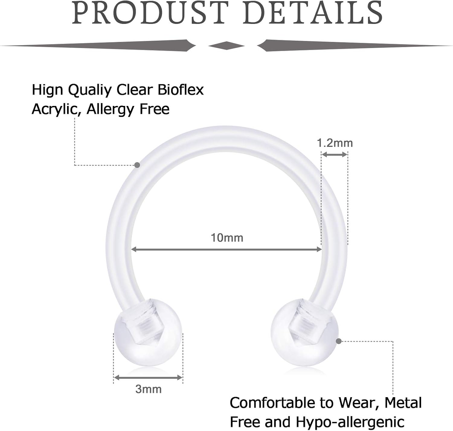 VCMART Plastic Nose Septum Rings Hoop Retainers 16G Flexible Bioflex Horseshoe Lip Helix Tragus Piercing Ring 8mm 10mm - Image 3