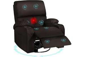 LAFWELL Rocking Recliner Chair, Massage Rocker Recliner Chair with Vibration Massage and Heat,360° Swivel Recliner Chairs, Living Room, Bedroom, Nursery, RV, Brown