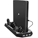 Pecham Vertical Stand for PS4 Slim / PS4 with Cooling Fan, Dual Controller Charger Station for Sony PlayStation 4 Game Console Dualshock 4 with 3 Extra USB HUB Port
