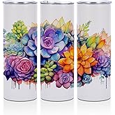 Watercolor Succulents 20 oz Skinny Tumbler Stainless Steel Slim Insulated Tumblers Straight Tumbler Cups Coffee Mug Thermal Travel Cup with Lid, Succulent Water Glasses Birthday Gifts for Women Friend