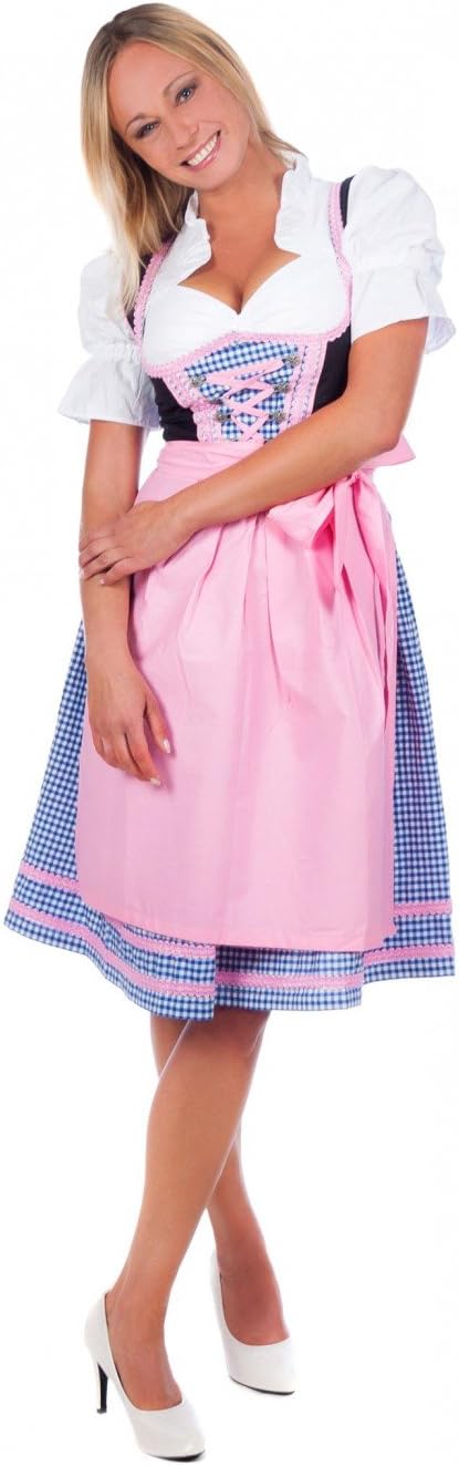 Bavarian Women's Midi Dirndl Dress 3-Pieces with Apron and Blouse Pink Blue Checkered