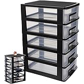 Baluue 5 Tier Plastic Storage Drawers, Desktop Organizer with Clear Drawers, Compact Desk Storage Cabinet for Office Supplies, Arts Crafts, Makeup and Dorm Room Organization, Black