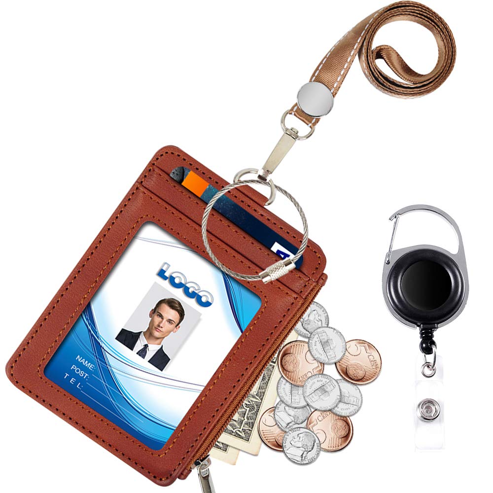 Badge Holder with Zipper, Life-Mate PU Leather ID Badge Card Holder Wallet Case with 5 Card Slots Zipper Pocket 19" Polyester Neck Lanyard Heavy Duty Metal Retractable Badge Reel (tan)
