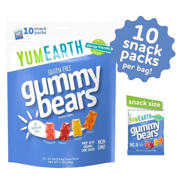 YUMEARTH ORGANIC FRUIT FLAVORED GUMMY BEARS, 10- .7OZ. SNACK PACKS, ALLERGY FRIENDLY, GLUTEN FREE, NON-GMO, DYE FREE
