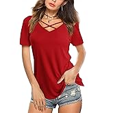 Amoretu Womens Summer Tops V Neck Criss Cross Short Sleeve Basic Plain Tee T-Shirt