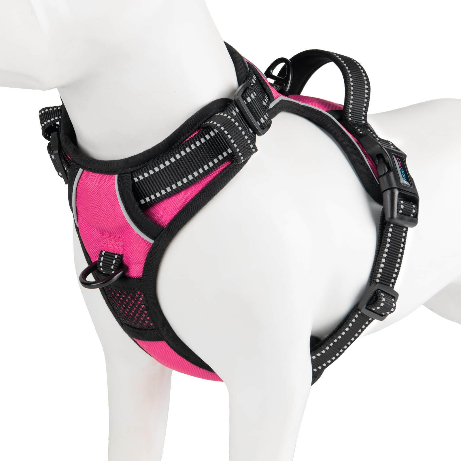 PHOEPET Reflective Dog Harness No Pull Large Breed Vest with 2 Metal Leash Attachment Hooks(L, Pink)
