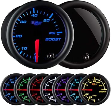 Amazon Com Glowshift Tinted 7 Color 60 Psi Turbo Boost Gauge Kit Includes Mechanical Hose Fittings Black Dial Smoked Lens For Diesel Trucks 2 1 16 52mm Automotive