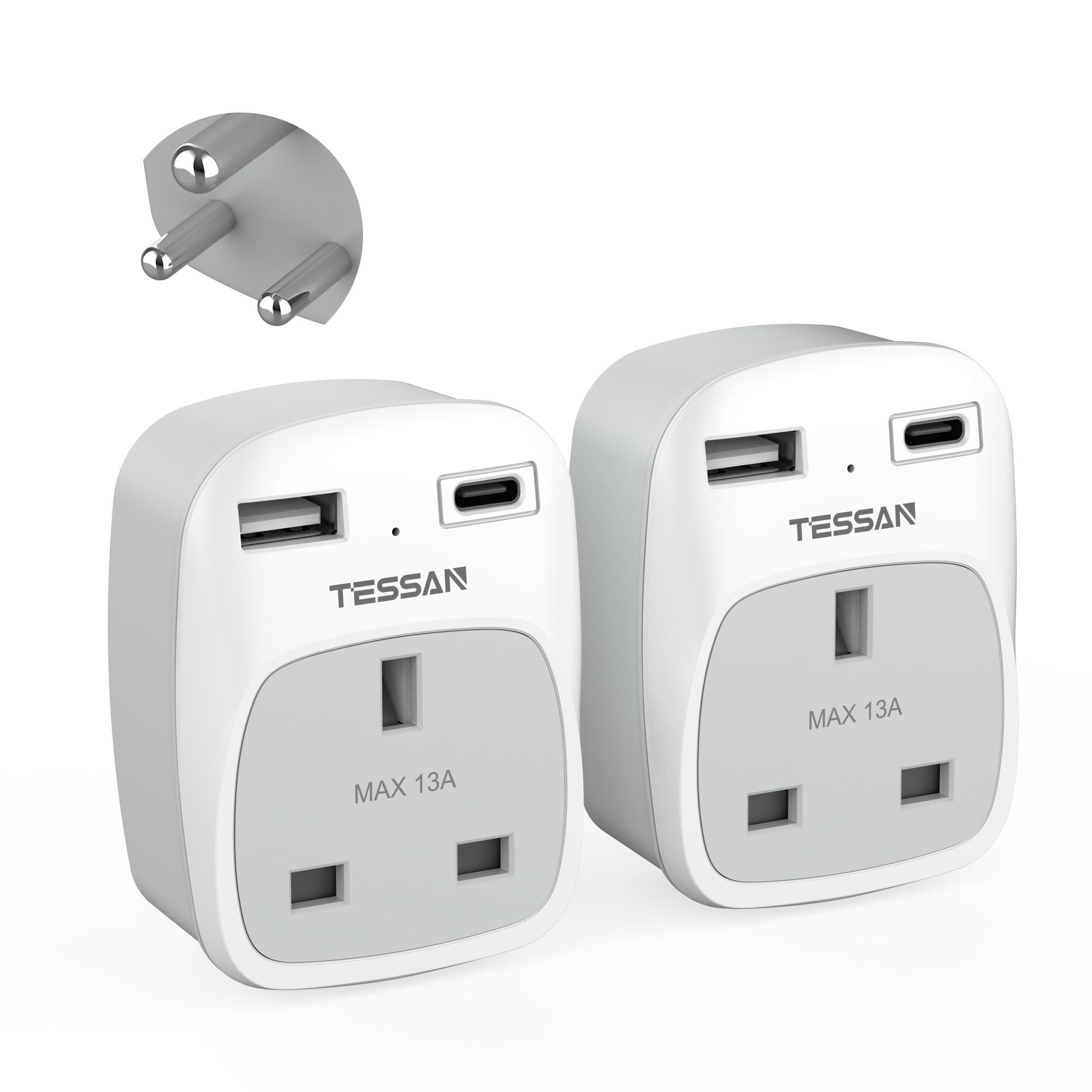 UK to India Plug Adapter 2 Pack, TESSAN Indian Travel Adapter with 2 USB Ports(1 USB C), Plug Socket Adaptor UK to Sri Lanka, Pakistan, Burma, Maldives, Iraq, Namibia, Nepal, Yemen, Zambia (Type D)
