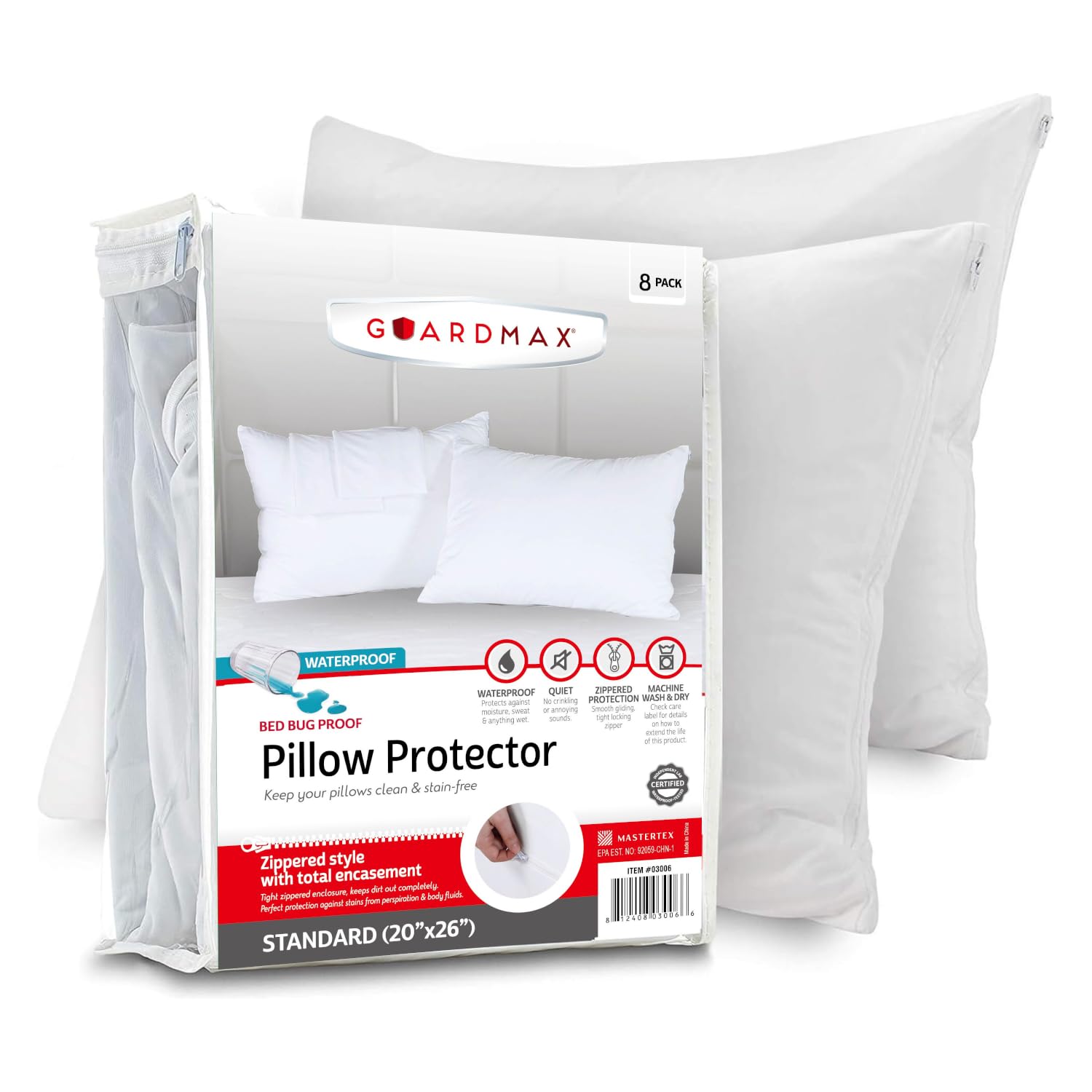 Guardmax Pillow Protector with Zipper Standard Size - (8 Pack) - Waterproof and Bed Bug Proof Pillow Covers - Pillow Cases Protect Against Allergens, Dust Mites, Bed Bugs, and Liquid Spills.(20 X 26)