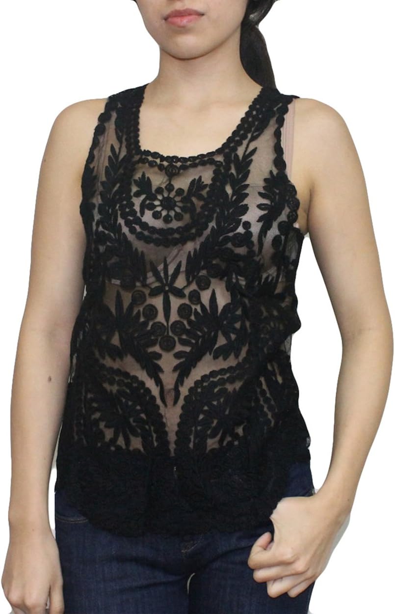Womens Sheer Lace Tunic Tank Top Mebon Mesh Tee