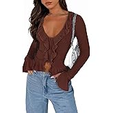 SNJATSSE Women's Deep V Neck Long Bell Sleeve Button Down Ruffle Crop Shirt Top Blouses