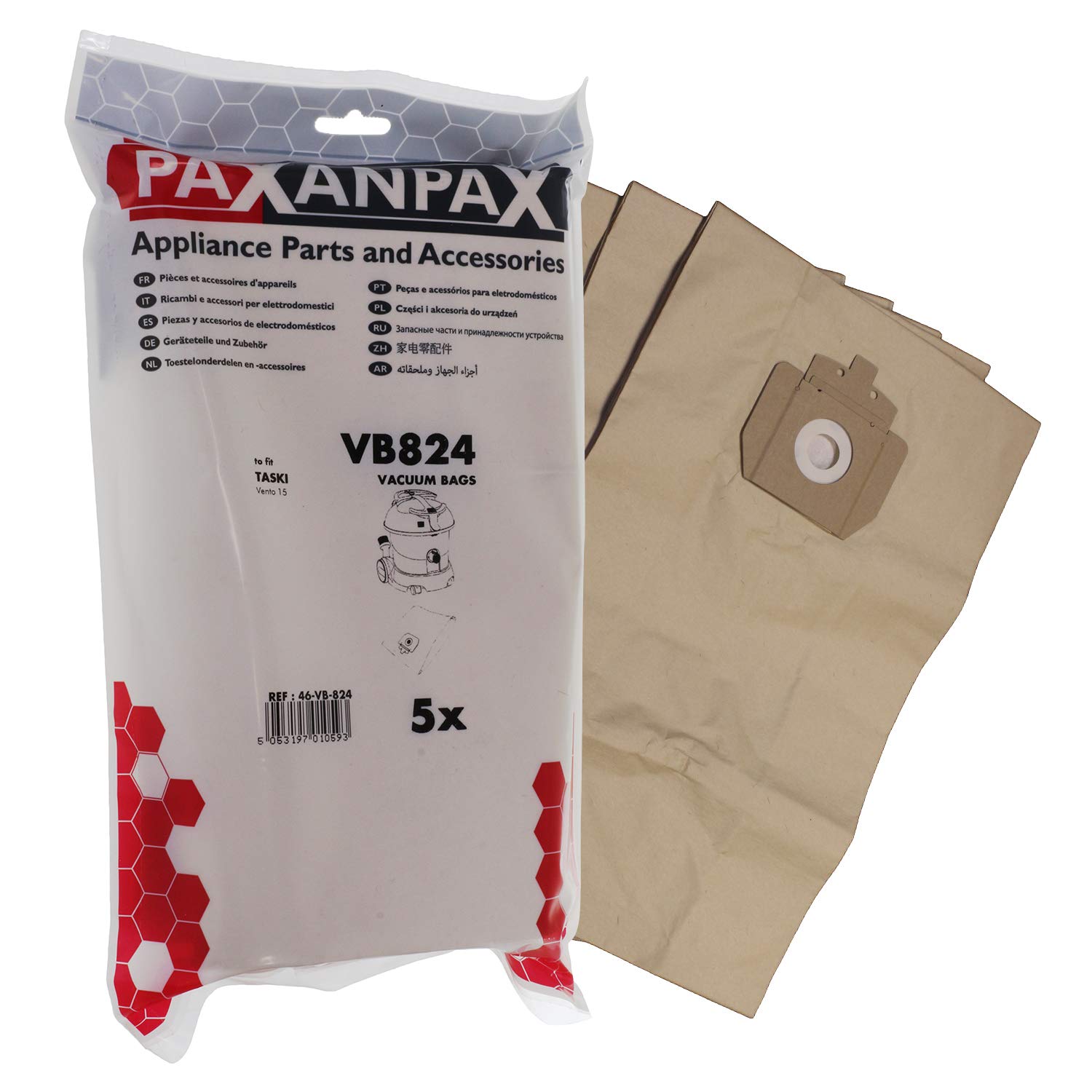 Paxanpax VB824 Compatible Paper Vacuum Bags for Taski Vento 15 Type (Pack of 5), Brown