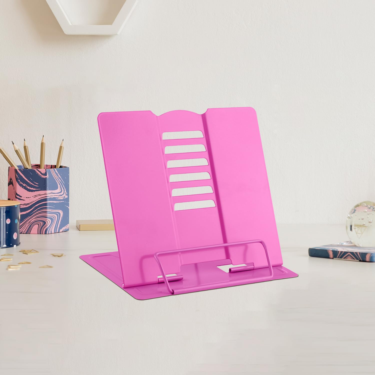 Mini Metal Book Stand Reading Book Holder Lightweight Cook Book Stands Portable Textbook Holders Adjustable Recipe Document Stand Tablet Music Book Stands&Holders(Rose Red)