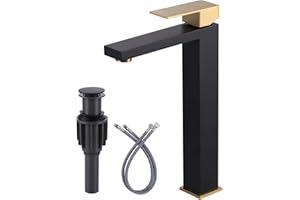 ARCORA Vessel Sink Faucet Black and Gold, Single Handle Tall Bathroom Faucet, Single Hole Lavatory Vanity Mixer Bar Tap with Pop Up Drain and Faucet Supply Lines