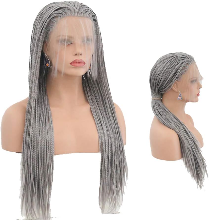 Micro Braided Lace Front Wigs Fully Hand Tied Synthethic Hair Braided Heat Resistant Hairs Wigs Free Part with Baby Hair for Black Women Cornrow Braid Wigs (Gray)