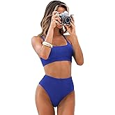 CUPSHE Women's Bikini Sets Two Piece Bathing Suit High Waisted Ribbed Texture Widen Trim