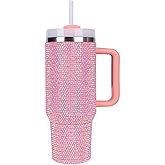 Toyfun Yif 40 OZ Bling Tumbler with Handle，Straw and Lid,Large Vacuum Insulated Leak Proof Double Walled Stainless Steel Glitter Travel Mug Tumblers for Women,Pink