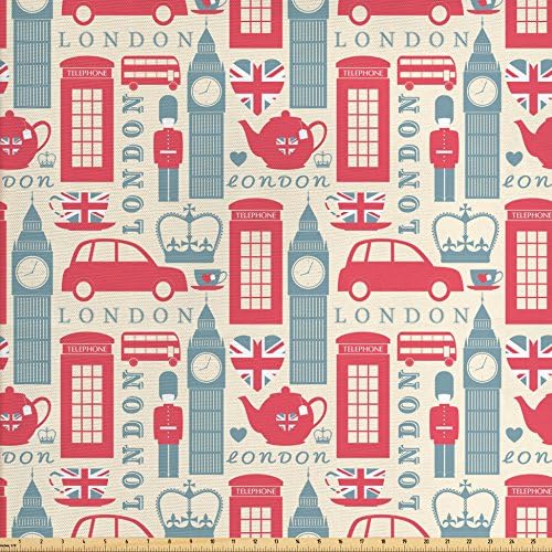 AmbesonneLondon Fabric by The Yard, Popular British Culture Elements Retro Colors Flag Patterned Hearts, Decorative Fabric for Upholstery and Home Accents, 2 Yards, Coral Bluegrey