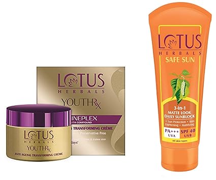 Lotus Herbals Youth Rx Anti-Aging Skin Care Range - Lotus Herbals Youth Rx Anti-Aging Transforming C And Lotus Herbals Safe Sun 3-In-1 Matte Look Daily Sunblock Spf-40, 50G
