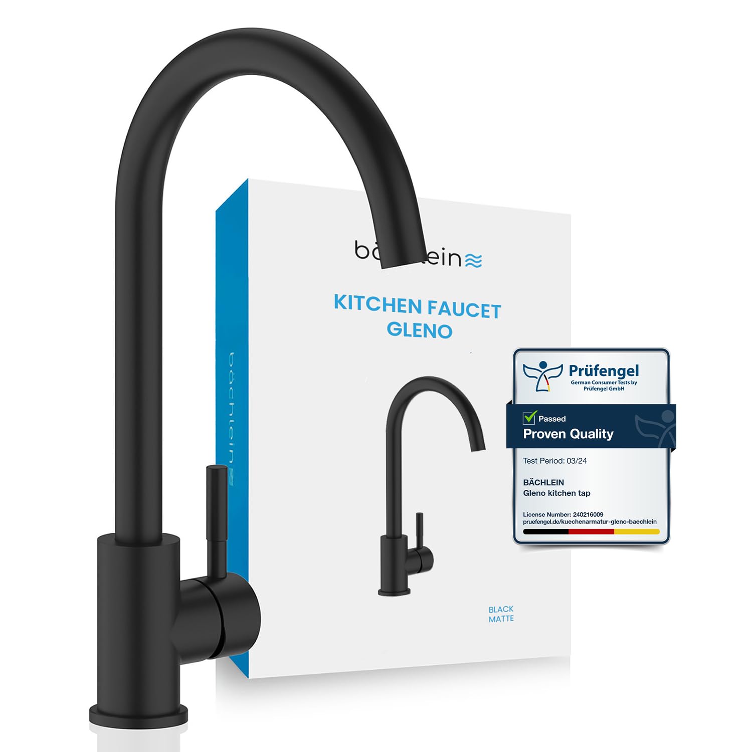 Bächlein Kitchen Mixer 360 Degree Swivel (Matt Black) - One-Hand Sink Mixer Made of Stainless Steel with 360° Swivel Spout, Water Tap for The Kitchen in Extra Solid Design