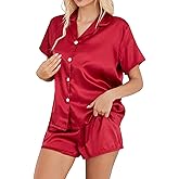 DingCo Satin Pajamas for Women Solid Color, Silky PJs Set with Notch Neck & Adjustable Drawstring Shorts