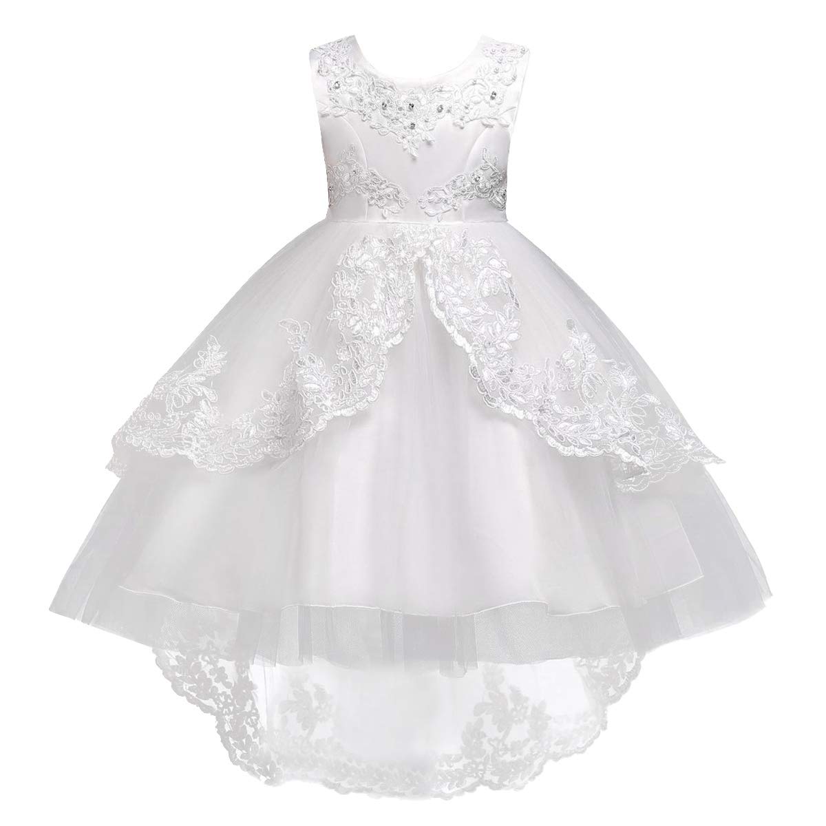 Photo 1 of Flower Girls Vintage High-Low Tulle Lace Beaded Rhinestone Wedding Bridesmaid Dress Formal Princess Pageant Birthday Party Special Occasion Retro Dance Evening Tutu Ball Gowns White 5-6 Years
