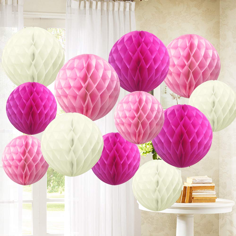 Time to Sparkle 12 Pack Tissue Paper Honeycomb Balls, Poms Birthday Baby Shower Wedding Decorations (Rose Red)