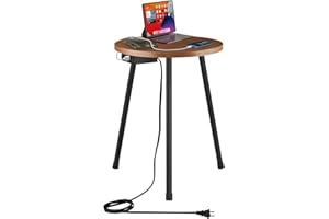kinnary End Table with Charging Station, Round Side Table with USB Port & Outlet, Adjustable Height Metal Leg, Small Nightstand Table for Living Room Bedroom, 12.8''D x 20''H, Walnut Wood