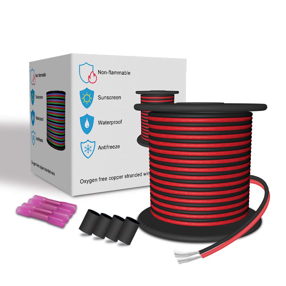 LEADTOPS 20M 22AWG 65.5FT Extension Wire Tinned Copper 2 Conductors Cord Electric Red&Black Stranded Line for 12V DC 3528 5050 2835 Single Color LED Strip/Bulbs/Lamps