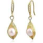 14K Gold Plated Pearl Dangle Earrings for Women Freshwater Pearl Earrings with Cubic Zirconia Hook for Wedding