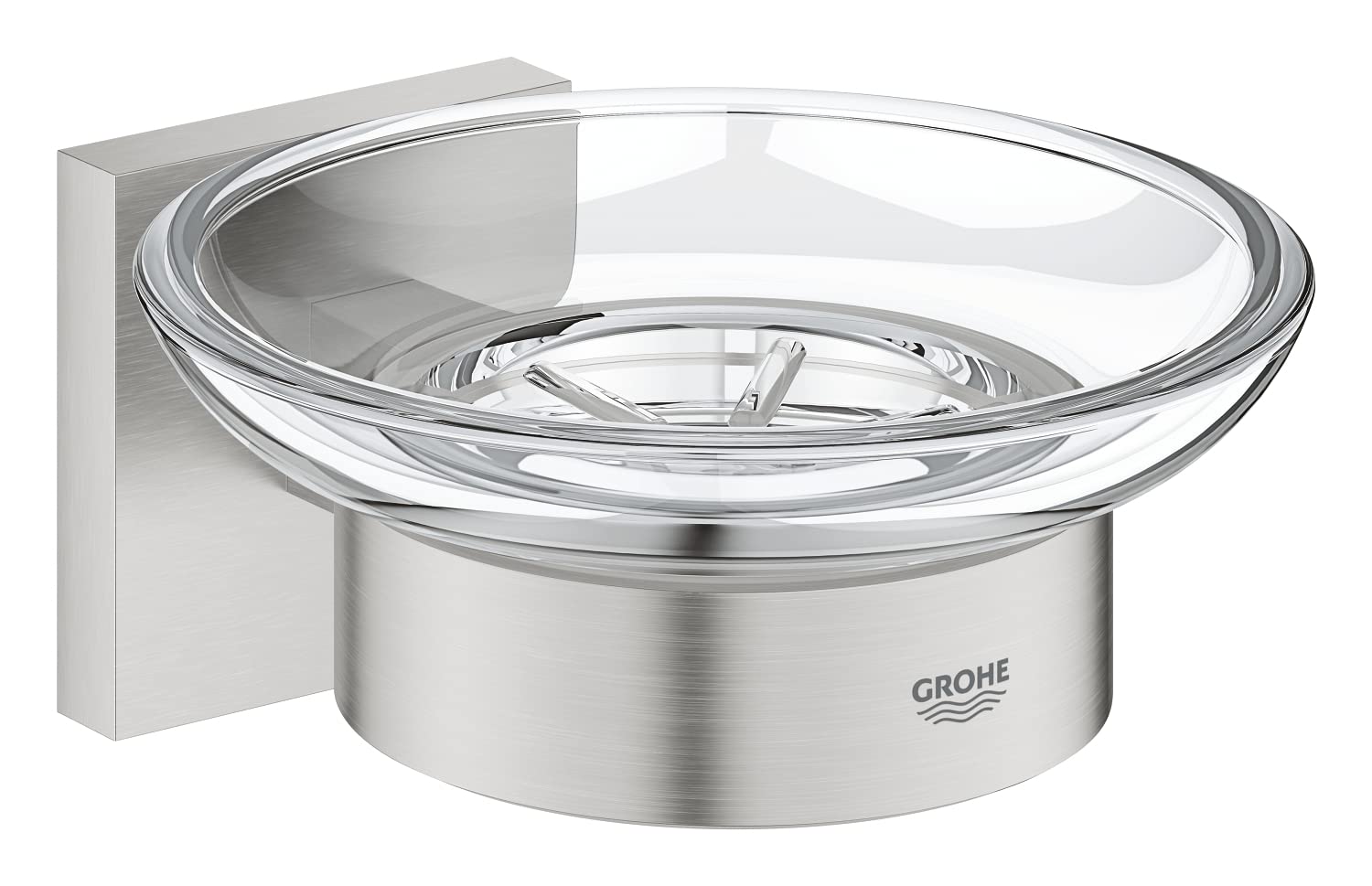 GROHE Start Cube Soap Dish with Holder (Material: Glass and Metal, Wall Mounted, Concealed Fastening, with Screws and Dowels), Size 125 mm, Easy to Fit with GROHE QuickGlue, Stainless Steel, 41096DC0