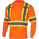 VENDACE Men's High Vis Safety Work T Shirt ANSI Class 3 Reflective Long Sleeve Shirt with Pocket(Orange,XL)