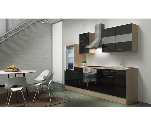 respekta Premium Cocina 270 cm Acacia Negro Brillante Nevera con ...