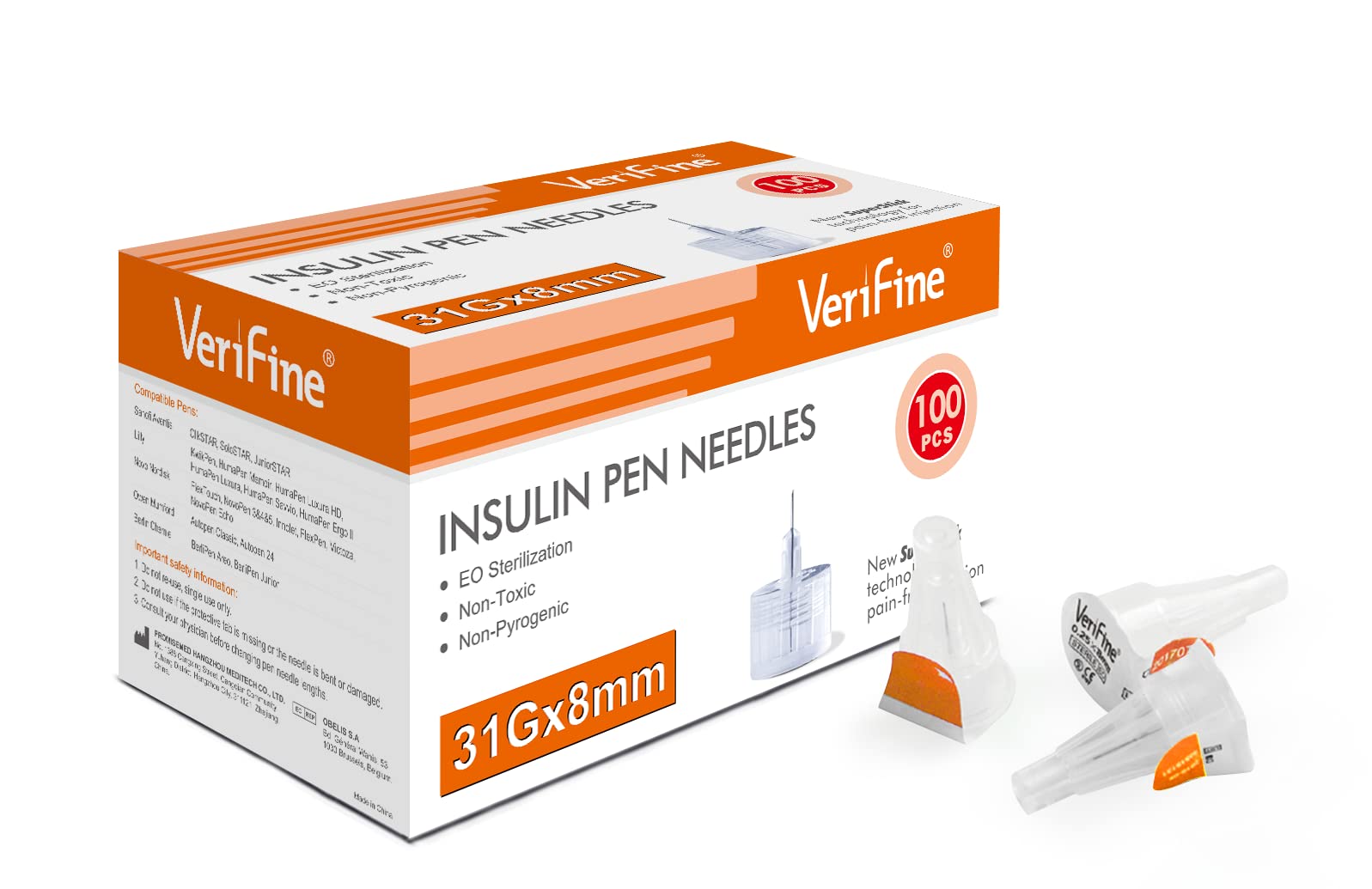 Verifine Insulin Pen Needles 31G 8mm, Ultra Fine Diatetic Needles for Insulin Injection, Compatible with Most Insulin Pens (Pack of 100)