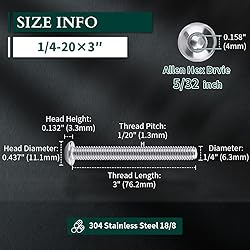 1/4-20 x 3 Button Head Socket Cap Bolts Screws, 304