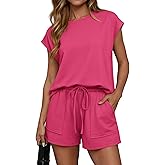 ATHMILE Womens Two Piece Crew Neck Short Sets Cap Sleeve Drawstring Spring Summer Sweatsuit with Pocket Beach Vacation