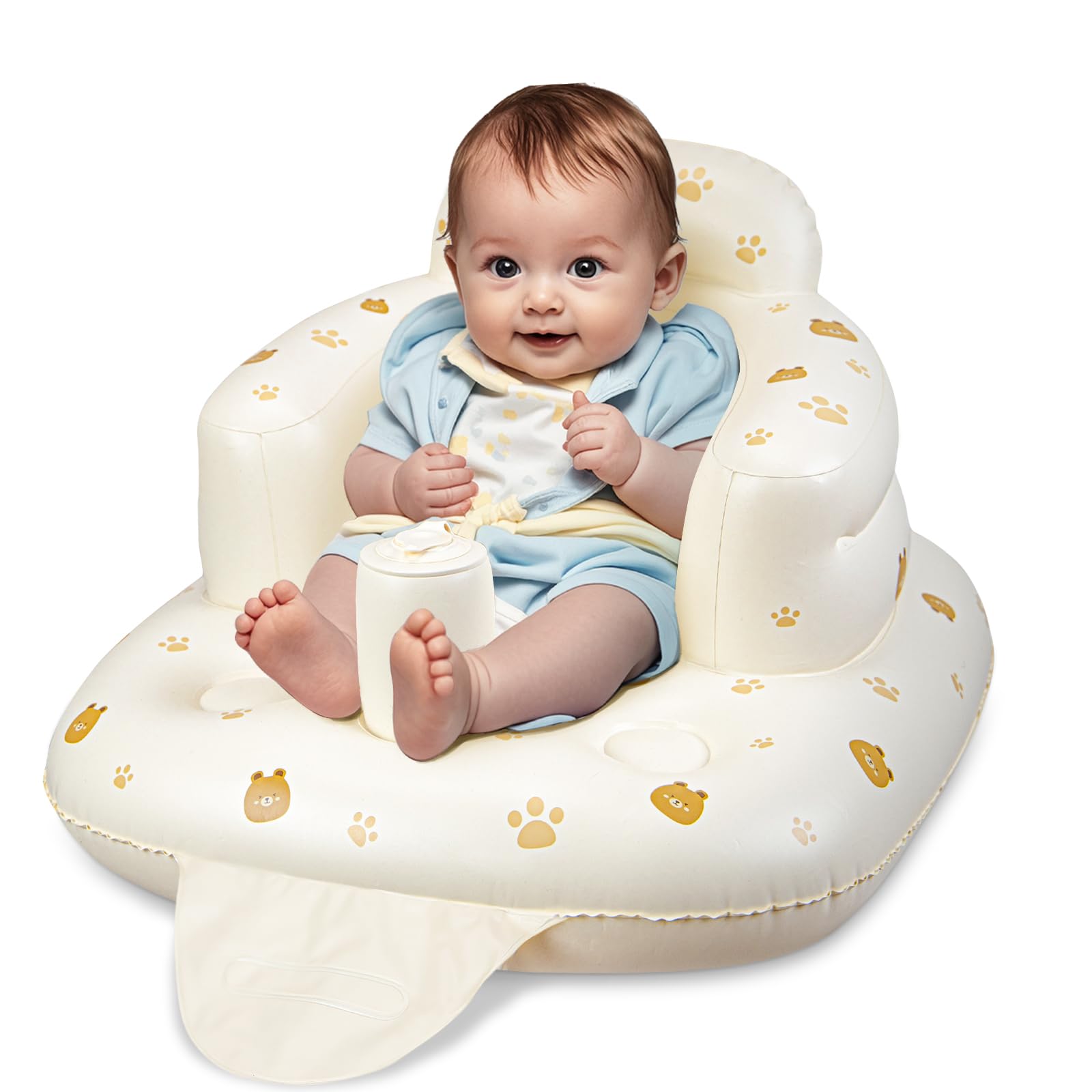 JOSEN Inflatable Baby Seat for Babies 3 Months & Up, Baby Floor Seats Learn to Sit Up, Portable Infant Feeding Shower Chair, Blow Up Baby Chair with Built in Air Pump - Cute Bear