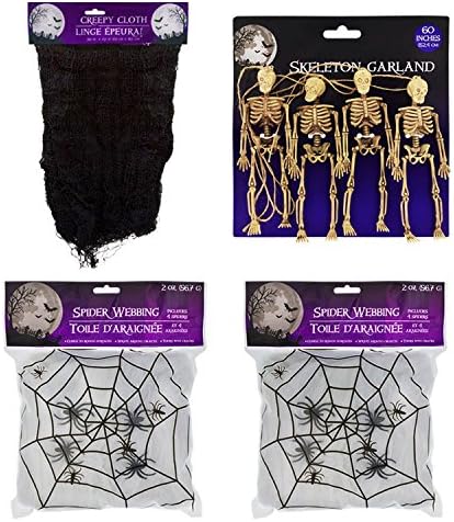 Spooky Halloween Decoration Bundle - 4 Items: 1 Creepy Cloth, 1 Skeleton Garland, 2 Super Stretch Spider Web
