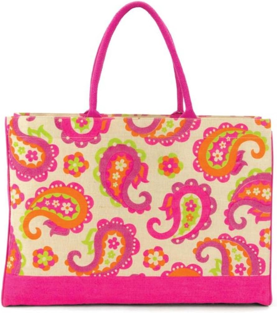 Burlap Large Fashion Juco Jute Shopper Tote Bag~ Pink Orange Paisley Floral Print~Beach Bag