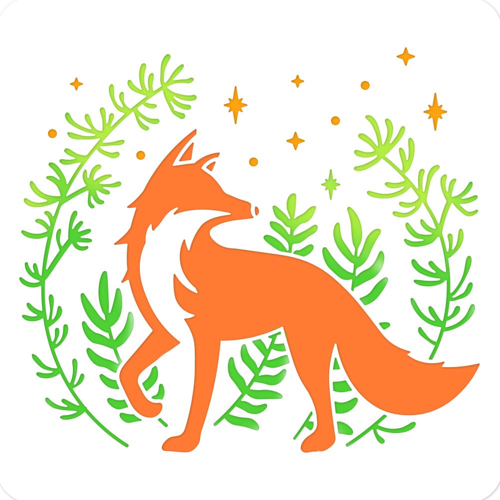NBEADS Fox Plant Painting Stencil, 30x30cm Reusable Craft Stencils Hollow Out Drawing Painting Template for Painting on Wood Fabric Paper Walls Canvas Furniture