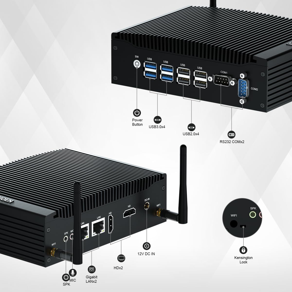 VENOEN Mini PC Lüfterlos i5 Fanless PC Indsutrie Core i5 8250U/8350U, 16GB RAM 512GB SSD, 2X HD 4k Ausgang, 2X RS232 COM, WiFi, 2X Gigabit Ethernet, Industrial PC für Home/Business/Billboard 2