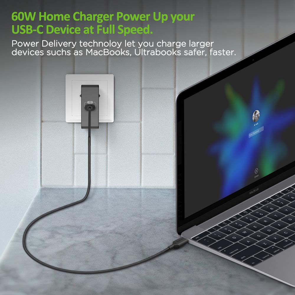 Omars USB C Wall Charger 60W PD Charger with UK EU Travel Adapter Plug for MacBook, MacBook pro 13\