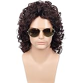 Kaneles Curly Long Wigs for Men 70s 80s Rocker Wig Dark Brown Halloween Cosplay Male Wig