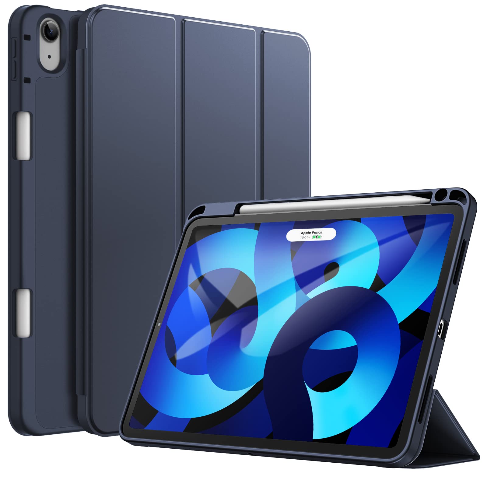 JETech Case for iPad Air 11-Inch M4/M3/M2 (2026/2025/2024), iPad Air 5/4 (2022/2020 5th/4th Generation 10.9-Inch) with Pencil Holder, Slim Tablet Cover with Soft TPU Back (Deep Navy)