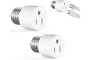 Light Socket Outlet Adapter, Luntak 2/3 Prong E26 Light Bulb Socket to Plug Adapter Converter Heat-Resistant, Polarized Handy Plug, Easy-to-Install, for Porch Patio Garage Utility Rooms - 2 Pack