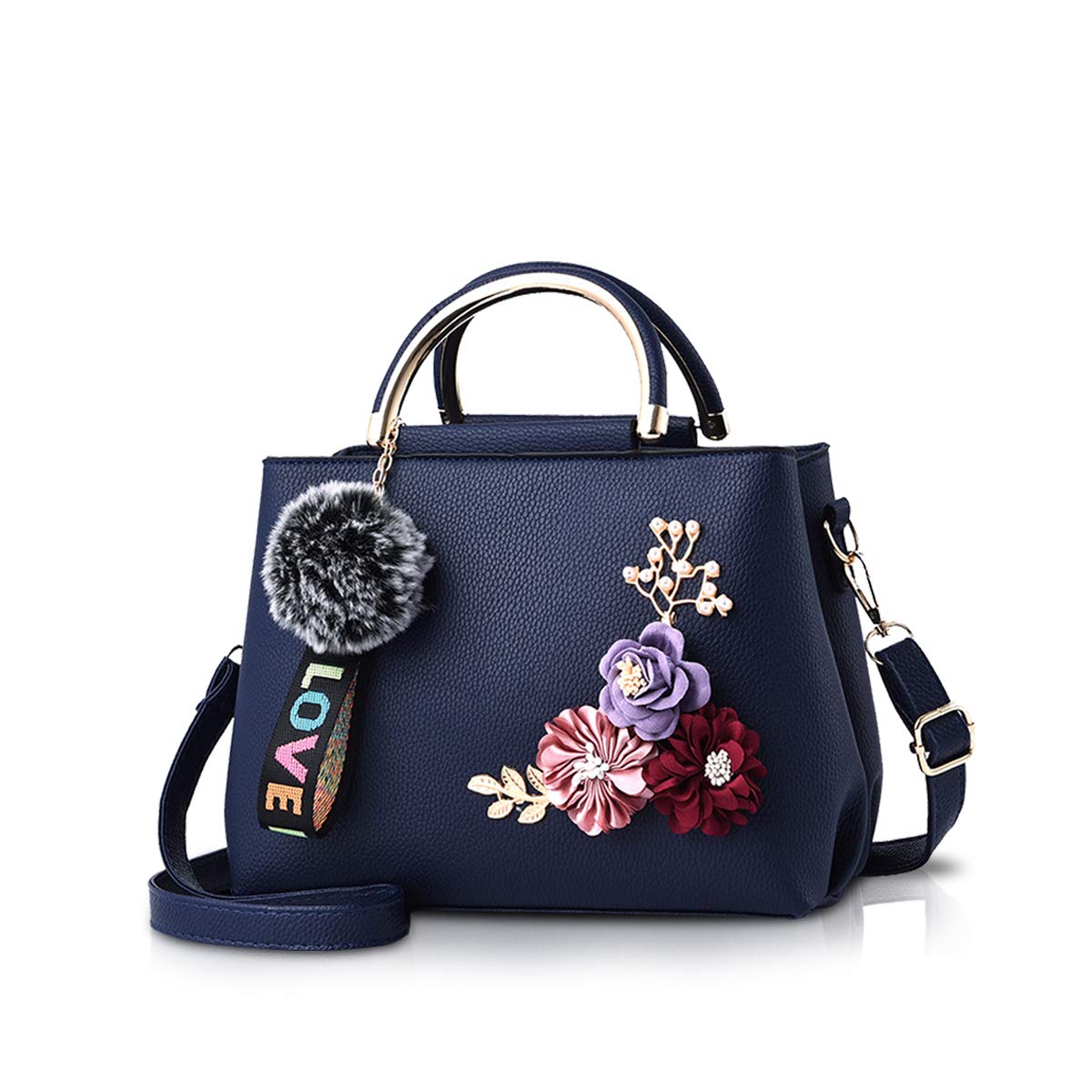 NICOLE & DORIS Women Leather Handbag Shoulder Bags with Flower Vintage Handle Bag Designer Tote Purse with Pompom Dark Blue