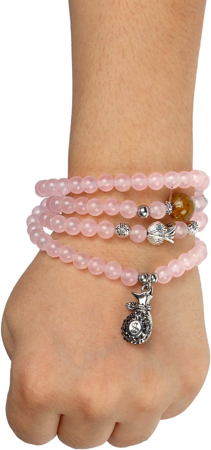 LUSHINS 4 Layers Rose Quartz Bracelet Cum Necklace with Stunning Money Bag Charm