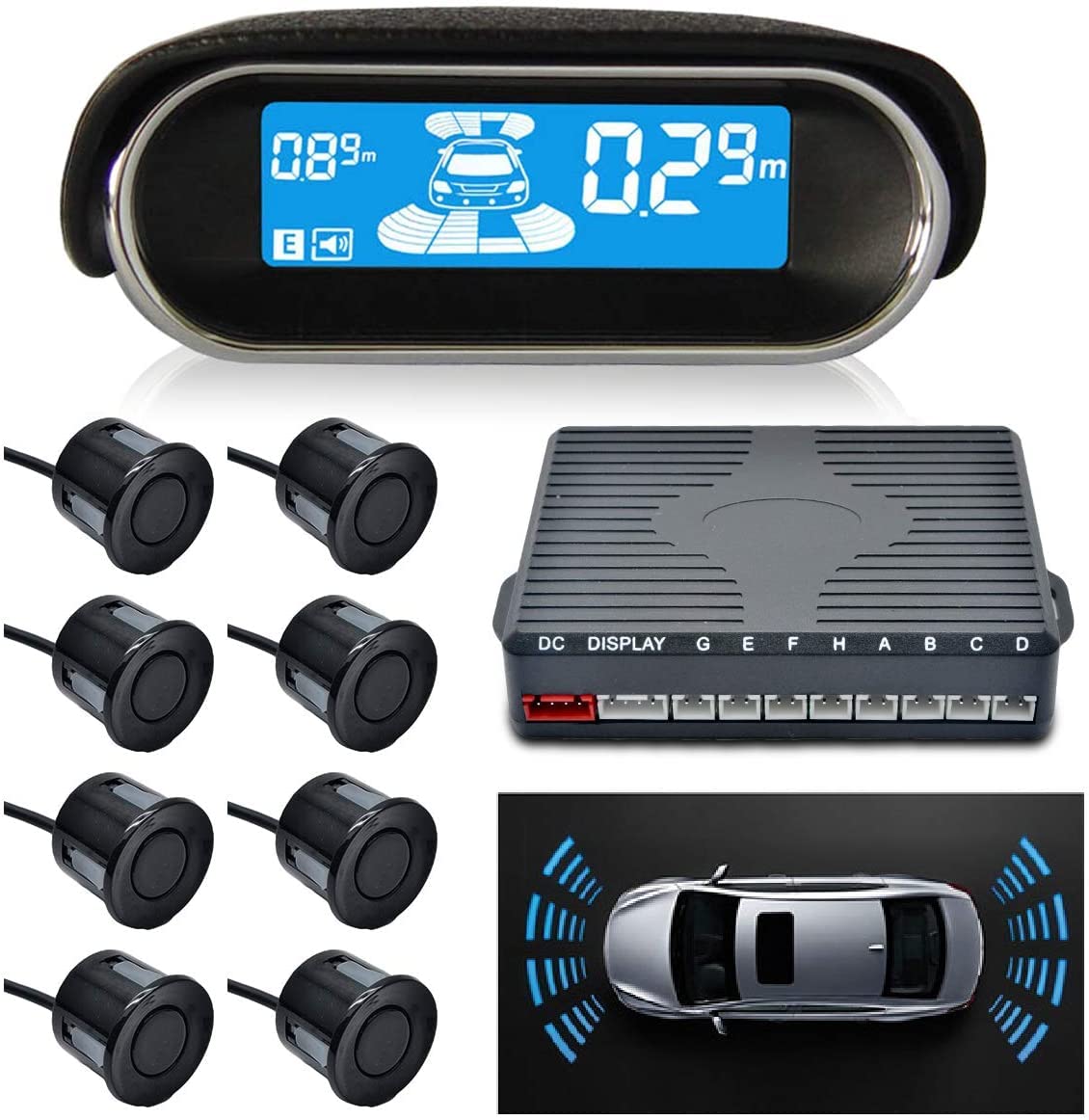 Riloer Car Reverse Radar with 8 Sensors, Car Rear Front View, Parking Sensor LCD Screen,Front and Rear View with LCD Display, 4 Voice,Dual-core Front and Rear View Reverse Radar Distance Detection