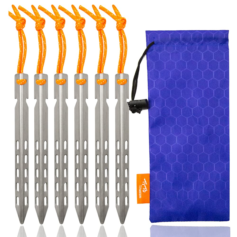 TiTo Titanium Tent Stakes 10X10X160mm 6 Pack V-Shaped Windproof Tent Nail Pegs with Carrying Pouch for Camping, Hiking, Gardening and Canopy (Titanium)