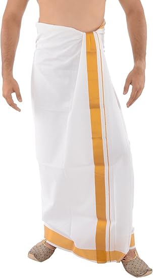 Mens White Color Cotton OPEN Single DHOTI with Golden Zari Patti (G White Fancy)